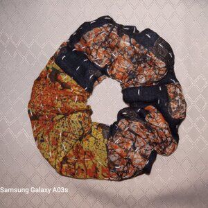 Kantha Hair Scrunchie Black Burnt Orange Cotton Boho Handmade New KS10.